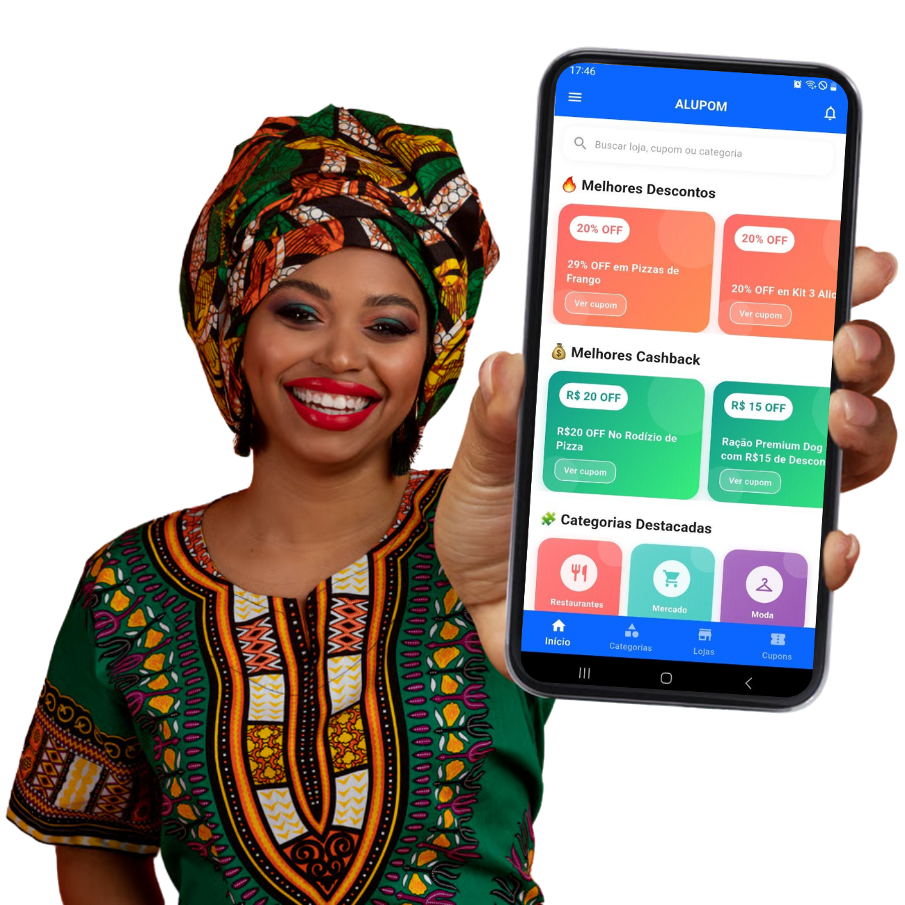 Mulher usando o app ALUPOM